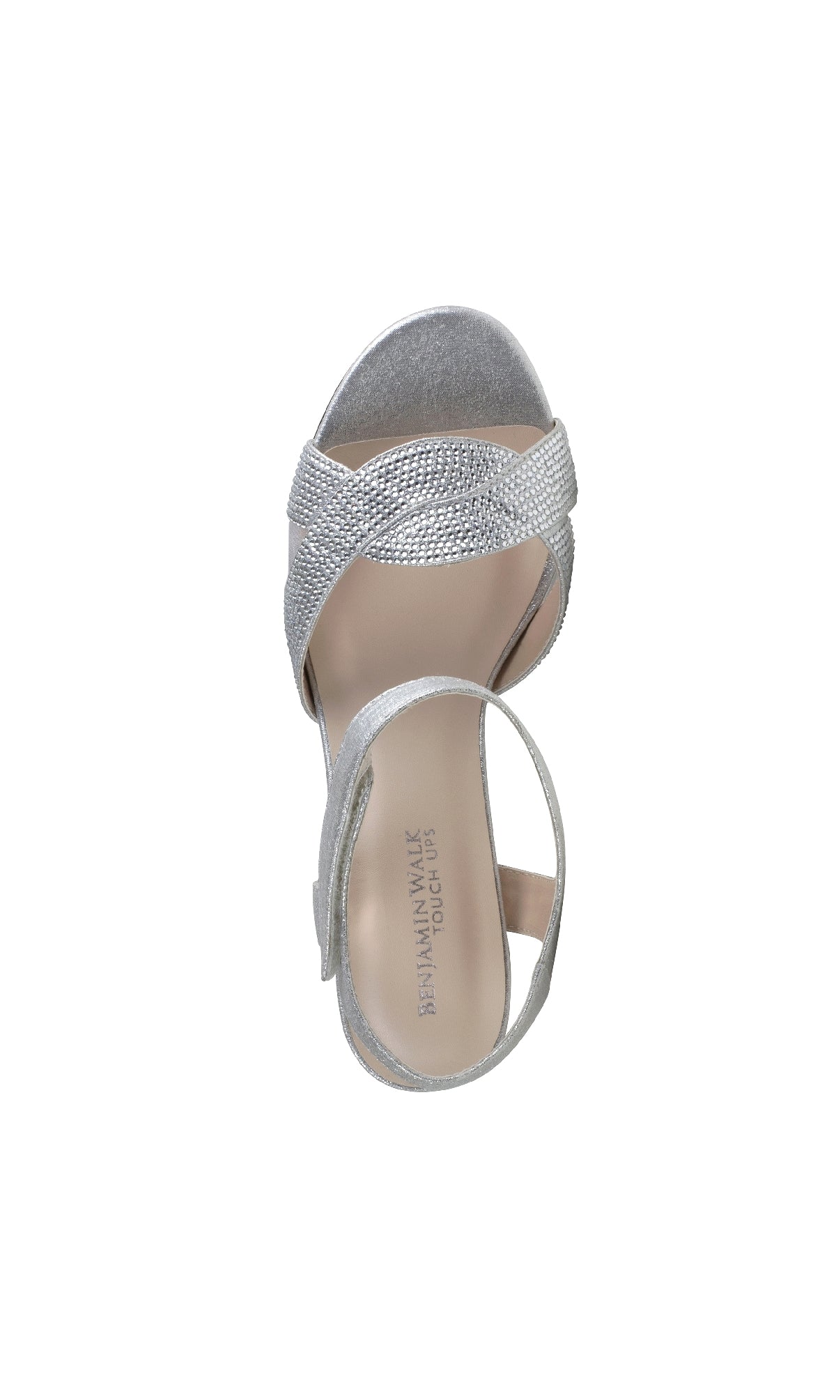 Top view of the Cam Silver Shimmer Prom Dress Shoe by Touch Ups 4638: a silver open-toe women's sandal with textured straps, block heels, closed heel, and brand-inscribed insole.